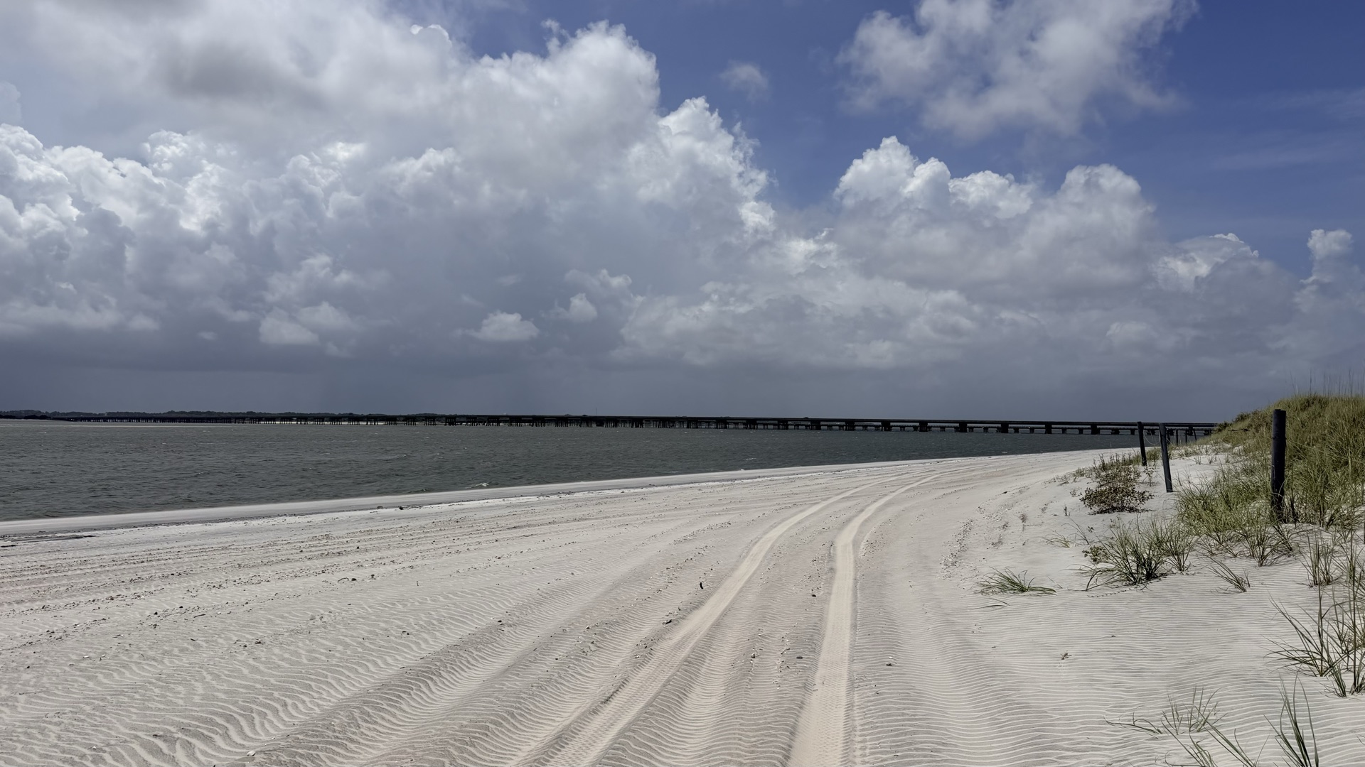 Towering storm clouds gathering beyond a pale shoreline