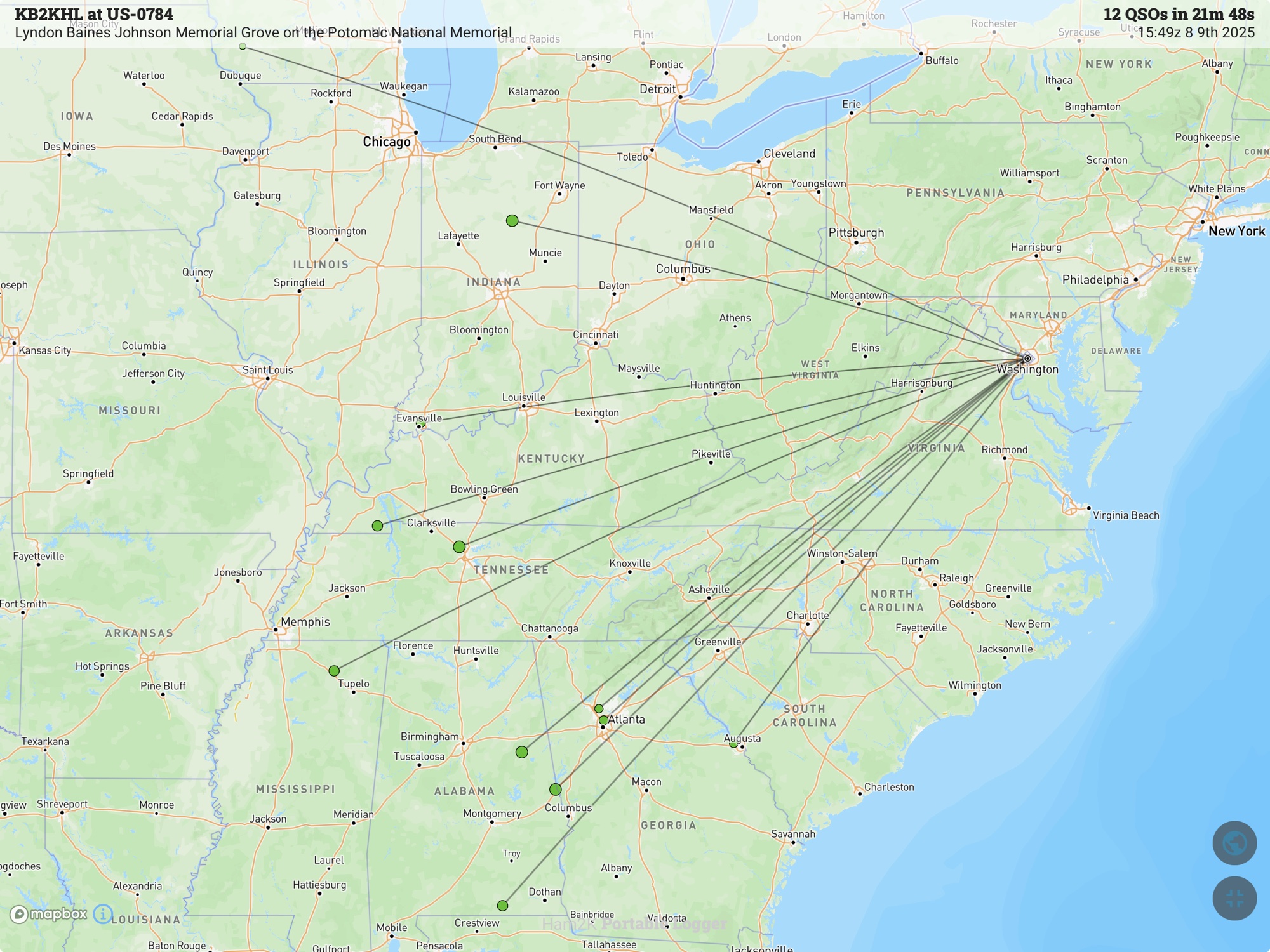 Map of twelve contacts made by KB2KHL from POTA park US-0784